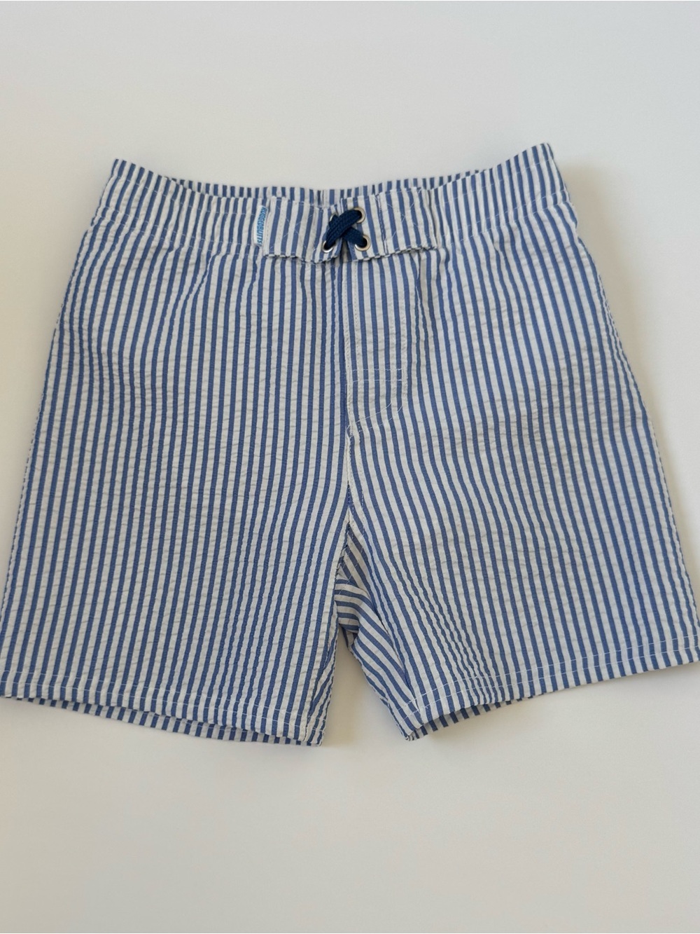 Kids Blue and White Striped Swim Trunks